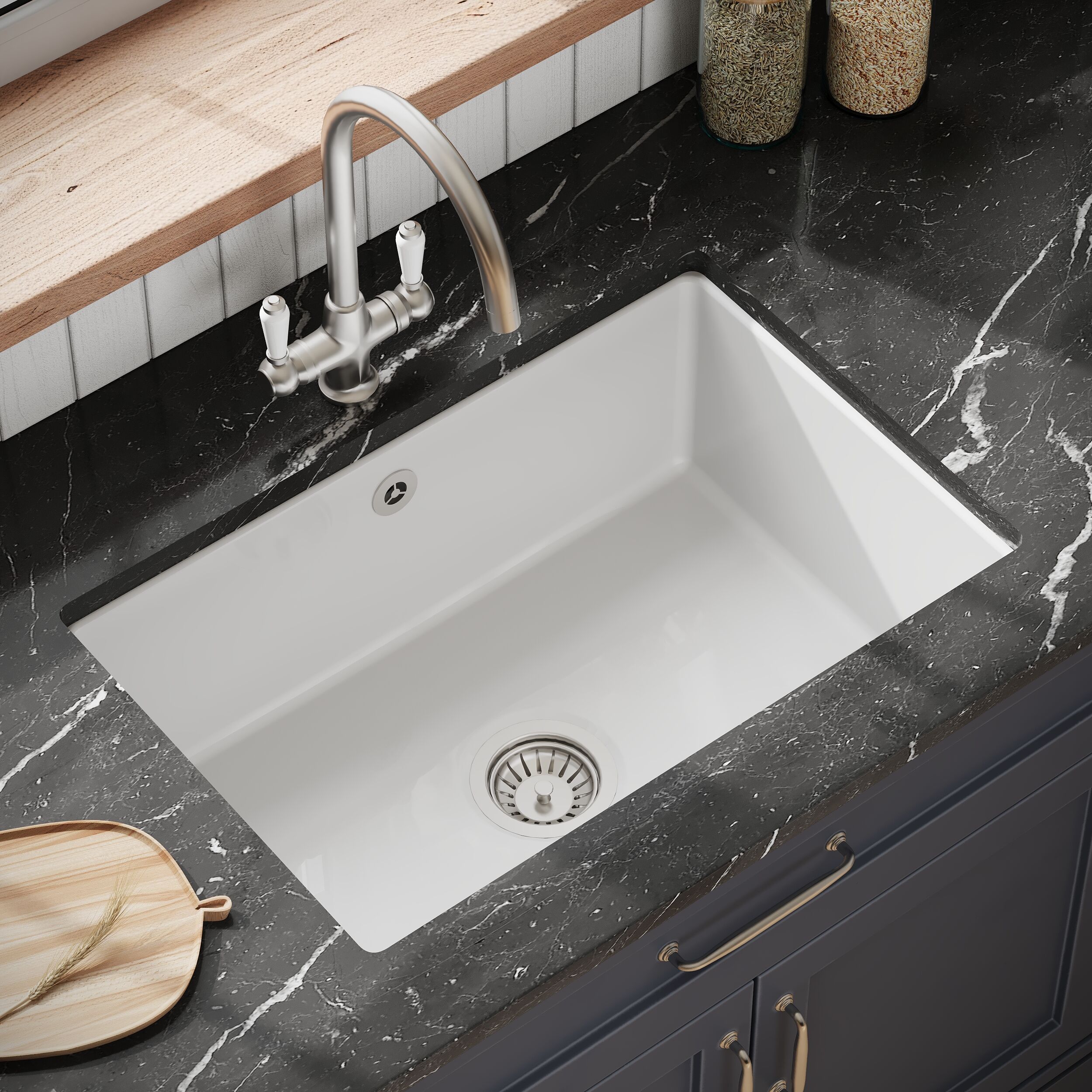 Fireclay sink styled in family kitchen